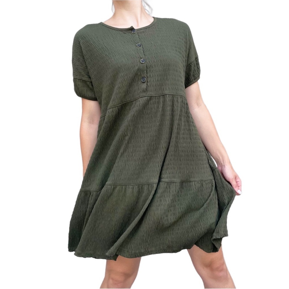 Madewell Army Green Tiered Quilted Knit Short Sleeve T-Shirt Dress Small